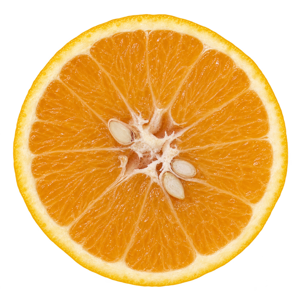 Generated head-on Williams Tangelo cross section with golden-orange flesh, attached cream pith, ivory cut seeds and a filled core.