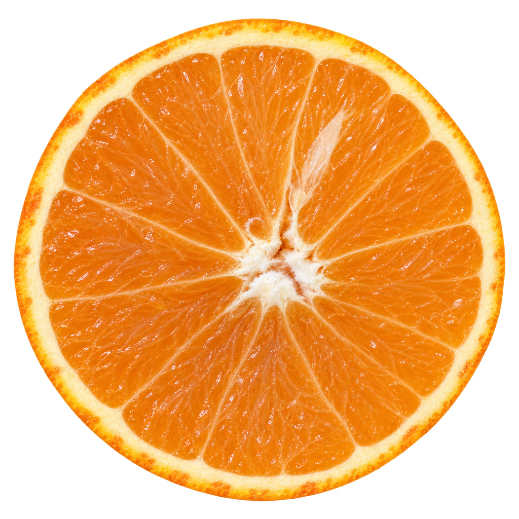Generated head-on Variegated Minneola Tangelo cross section with orange flesh, thin attached cream pith and a filled irregular center.