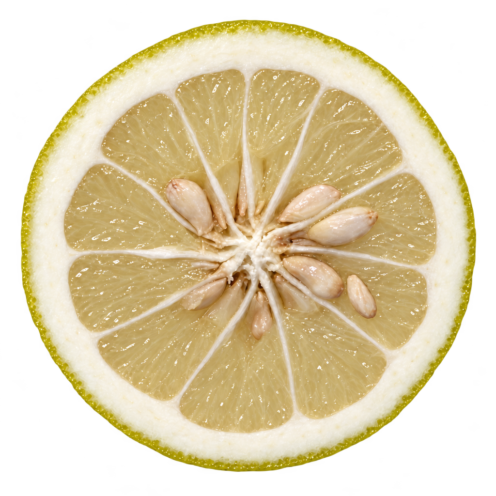Generated head-on Dunstan LeVert Citrumelo cross section with pale straw-yellow flesh, thick attached cream pith and ivory seeds near the core