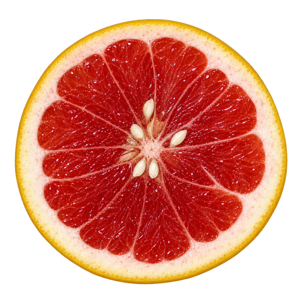 Generated head-on Valentine Pummelo Hybrid cross section with deep red flesh, attached cream pith, yellow rind and illustrative ivory seeds around a filled center.
