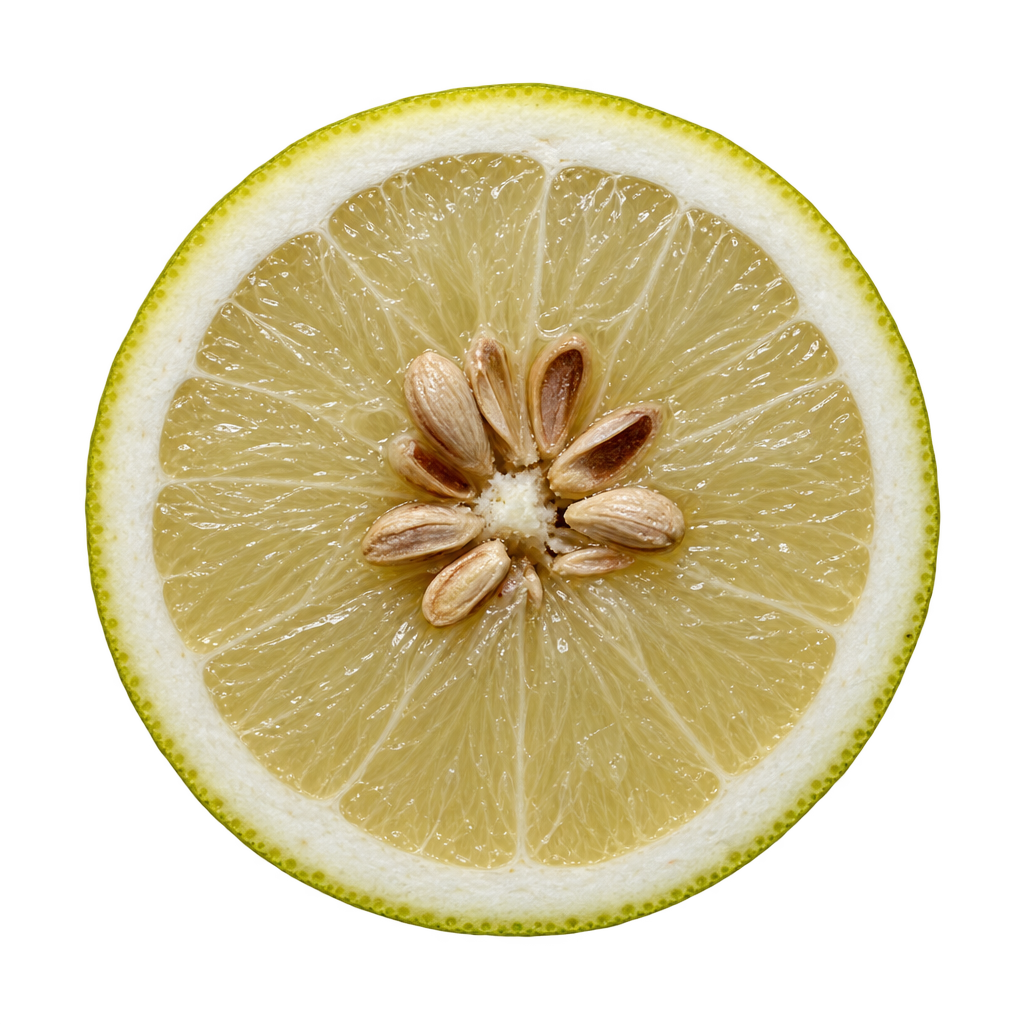 Generated Monticello Citrumelo cross section with pale yellow flesh, cream pith and pale and brown-centered seeds clustered near the core