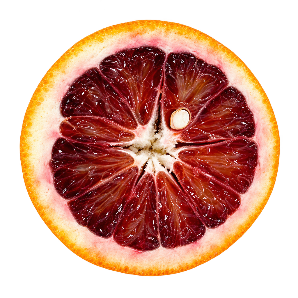 Generated Moro blood orange cross section with deep burgundy flesh, pale attached pith and one visible ivory seed
