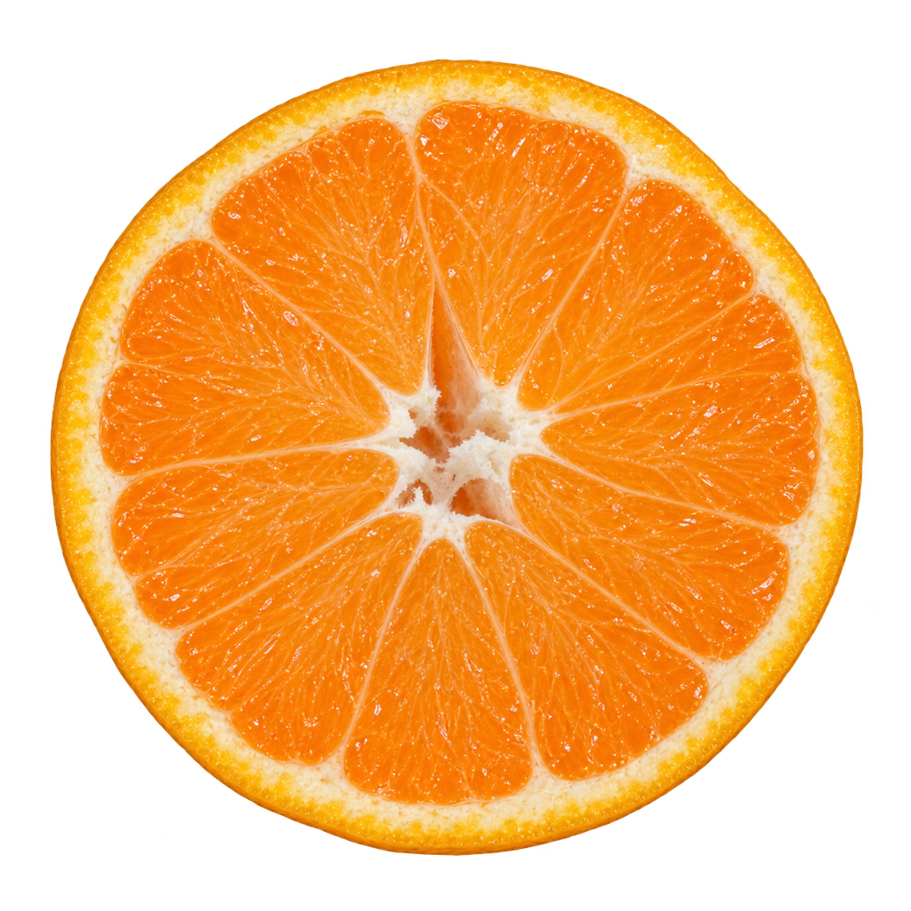 Generated depiction of a Silverhill Satsuma equatorial cross section with orange flesh and a slender pale pith ring