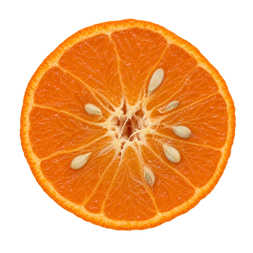 Generated depiction of a head-on Frua Mandarin equatorial section with orange flesh, narrow cream pith and several illustrative ivory seeds