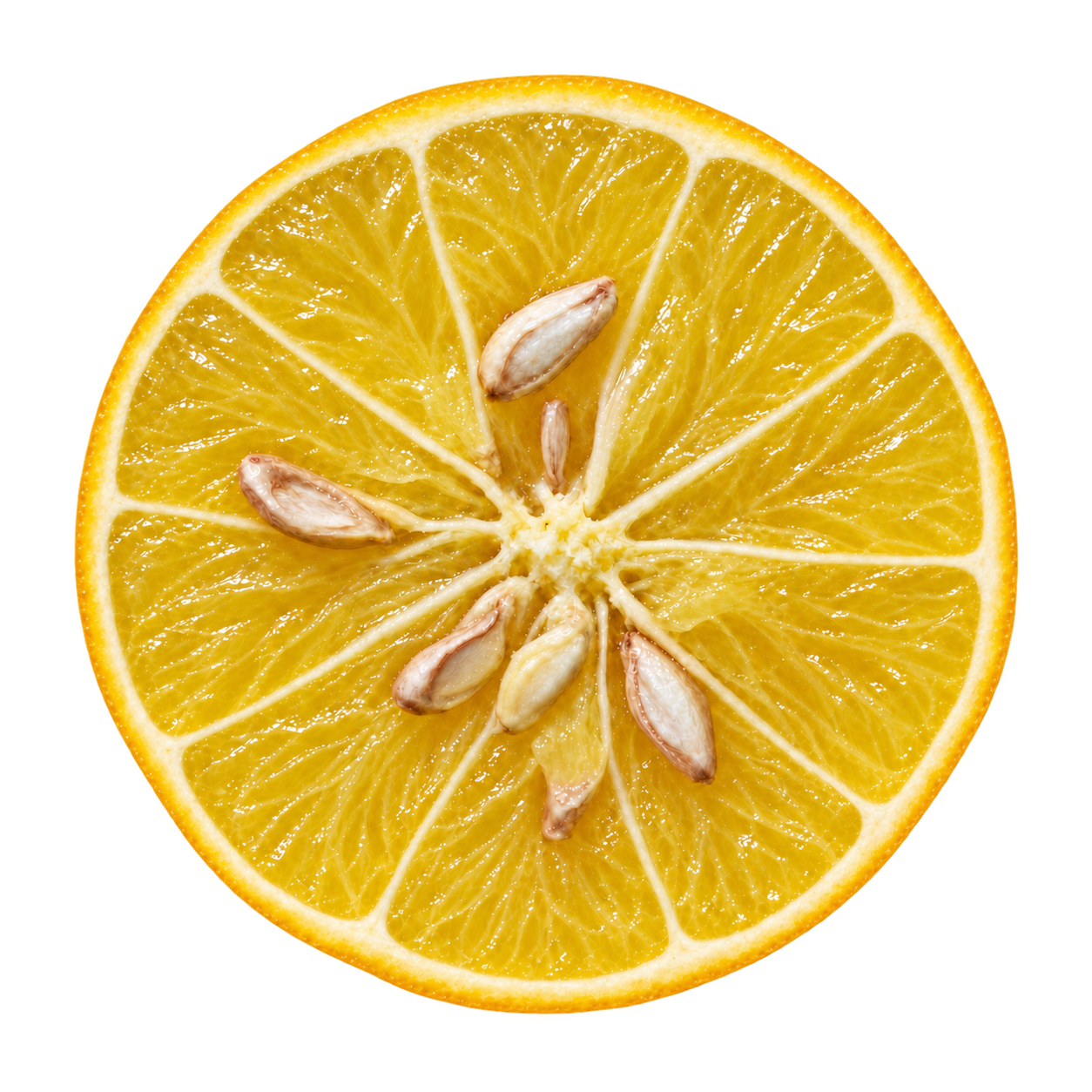 Generated depiction of a Bishop Citrandarin cross section viewed head-on, showing juicy golden-yellow flesh, ivory seeds, and a thin attached rind