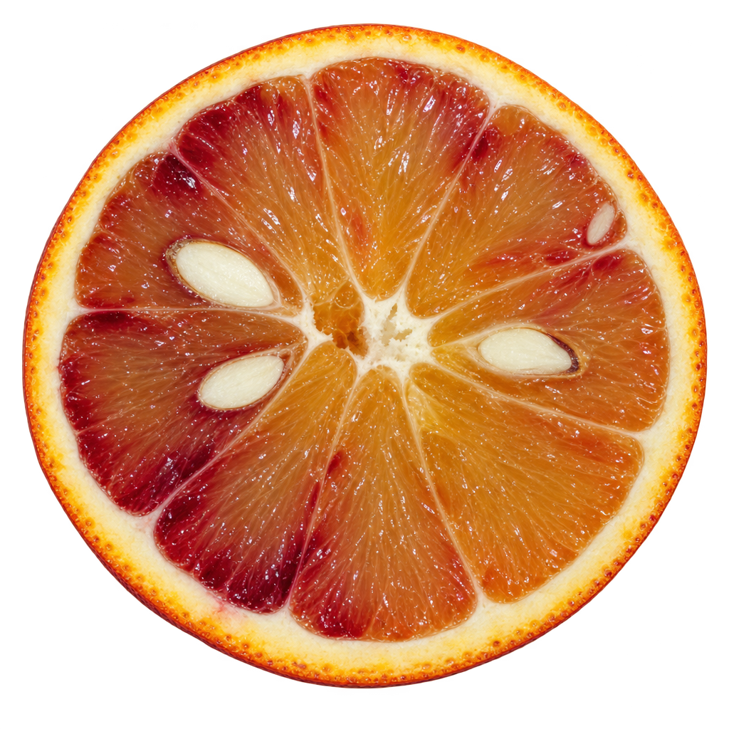 AI-generated Doppio Sanguigno cross-section with golden amber flesh, patchy red pigmentation, cream pith and large ivory seeds