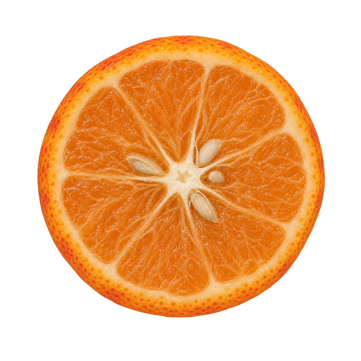 Generated depiction of a Centennial Variegated Kumquat cross section viewed head-on, with orange flesh, a thin rind, and a few ivory seeds