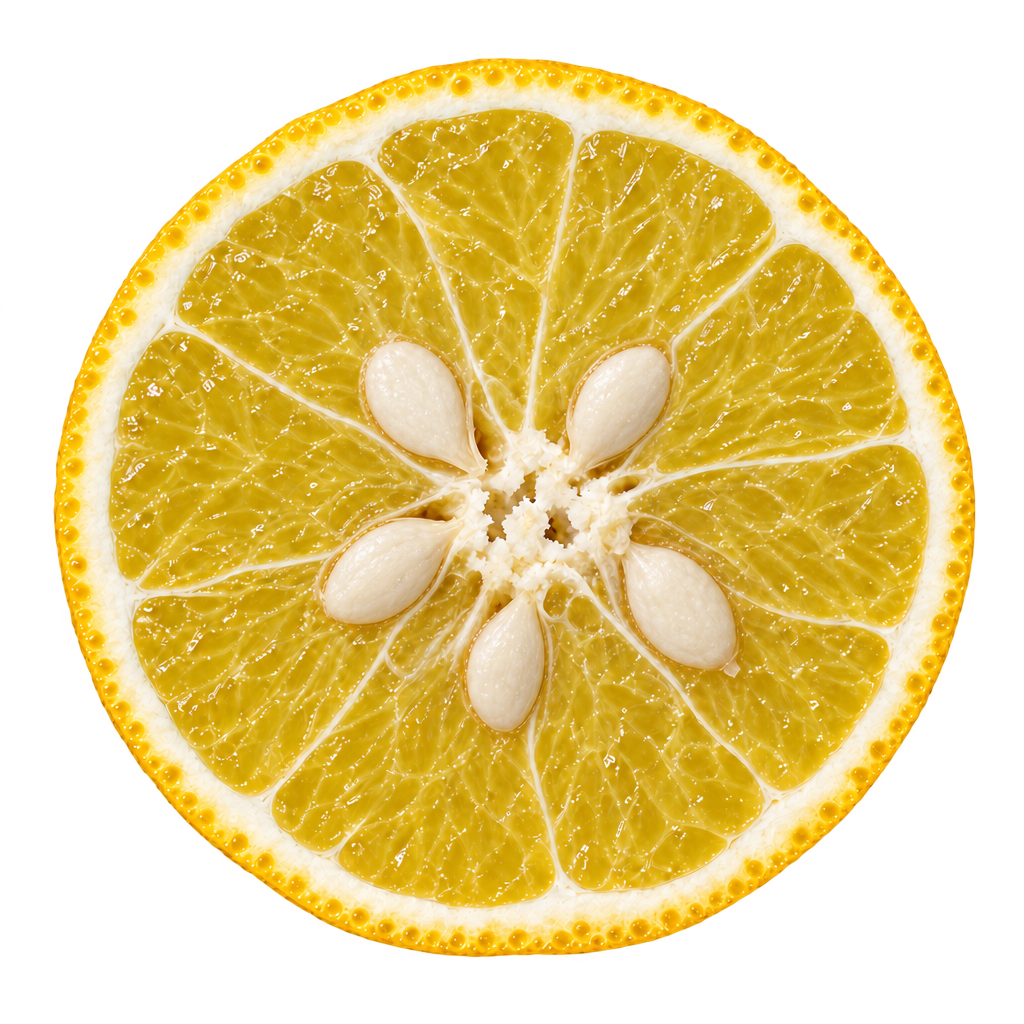 Generated approximation of a US-897 Citrandarin equatorial cross section, with light yellow-gold flesh, attached cream pith and large illustrative ivory seeds