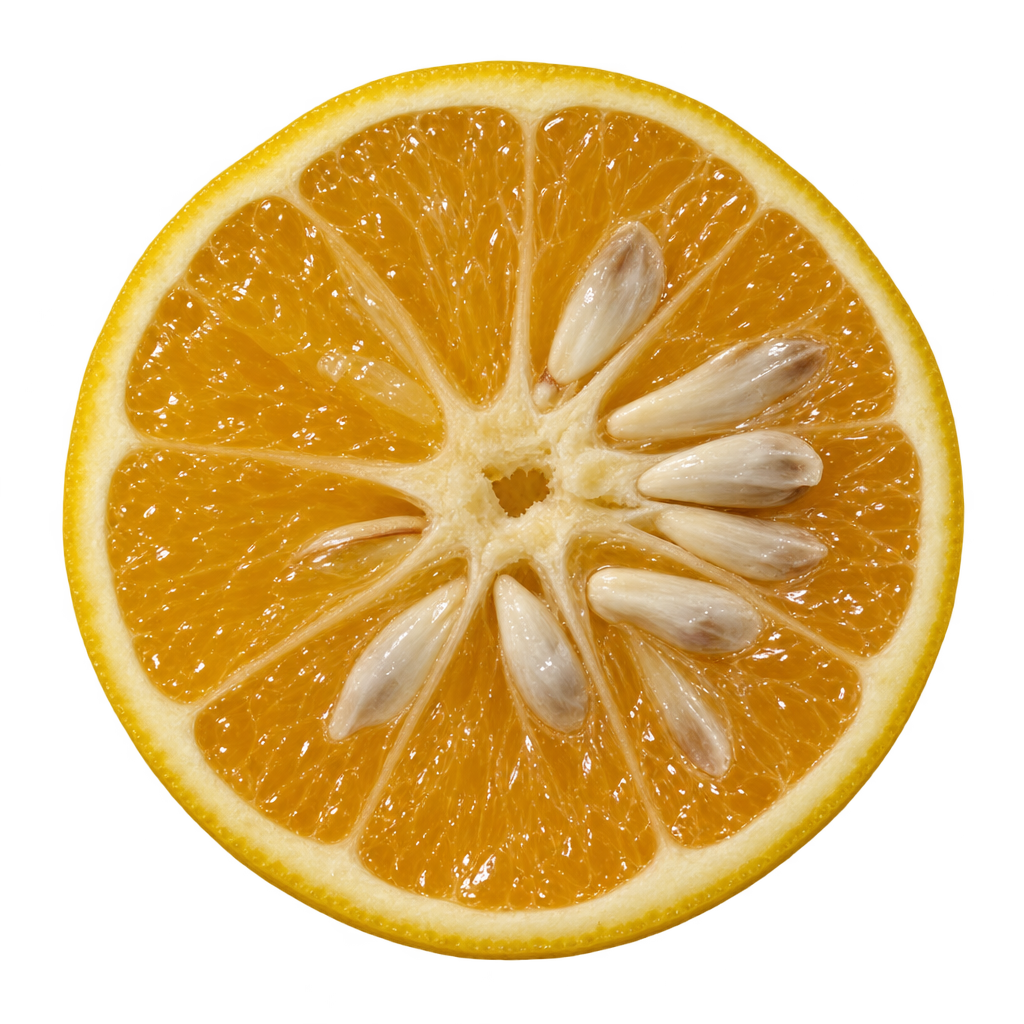 Generated head-on NuClem cross section with orange-gold flesh, thin cream pith and numerous pale seeds