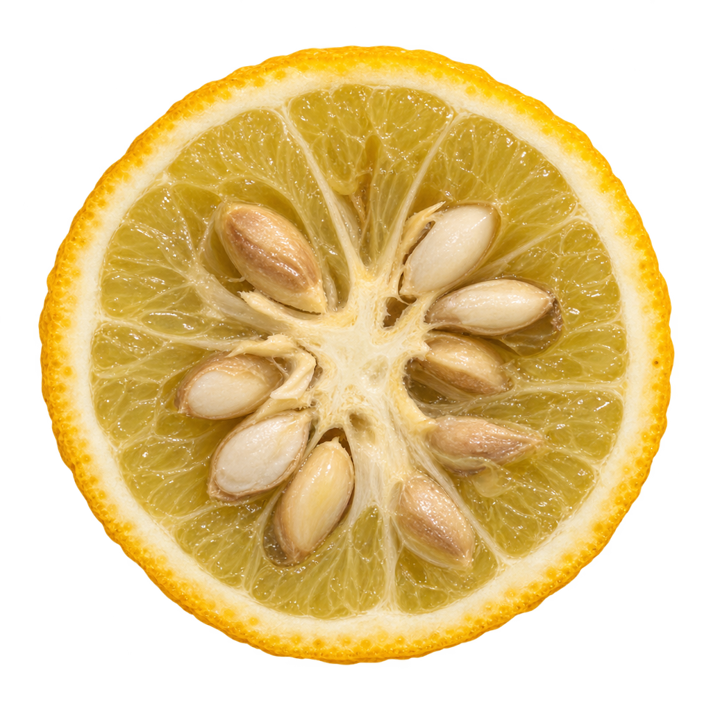 Generated approximation of a Benecke Trifoliate equatorial section with muted yellow-amber flesh, cream pith and numerous large ivory and tan seeds near the core