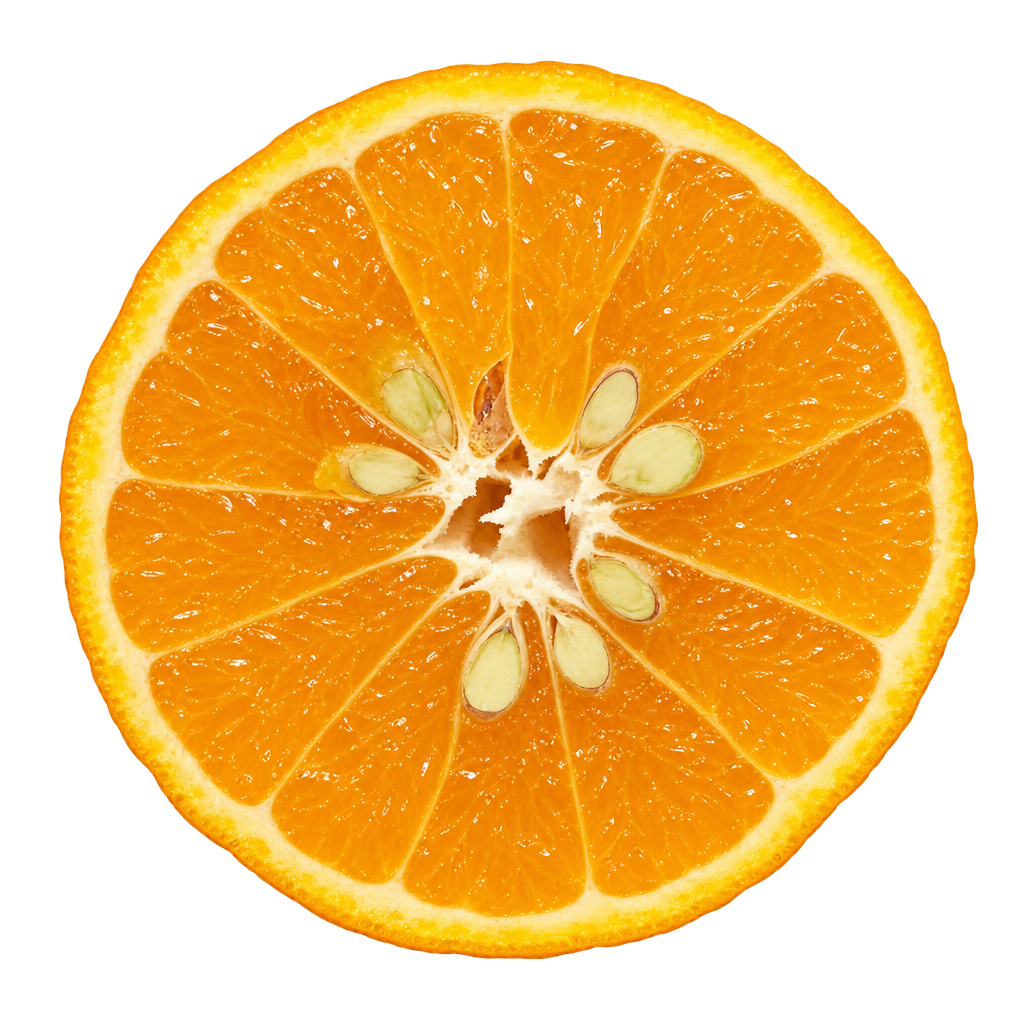Generated depiction of a Shiranui Mandarin equatorial cross section with golden-orange flesh, pale pith and ivory seeds