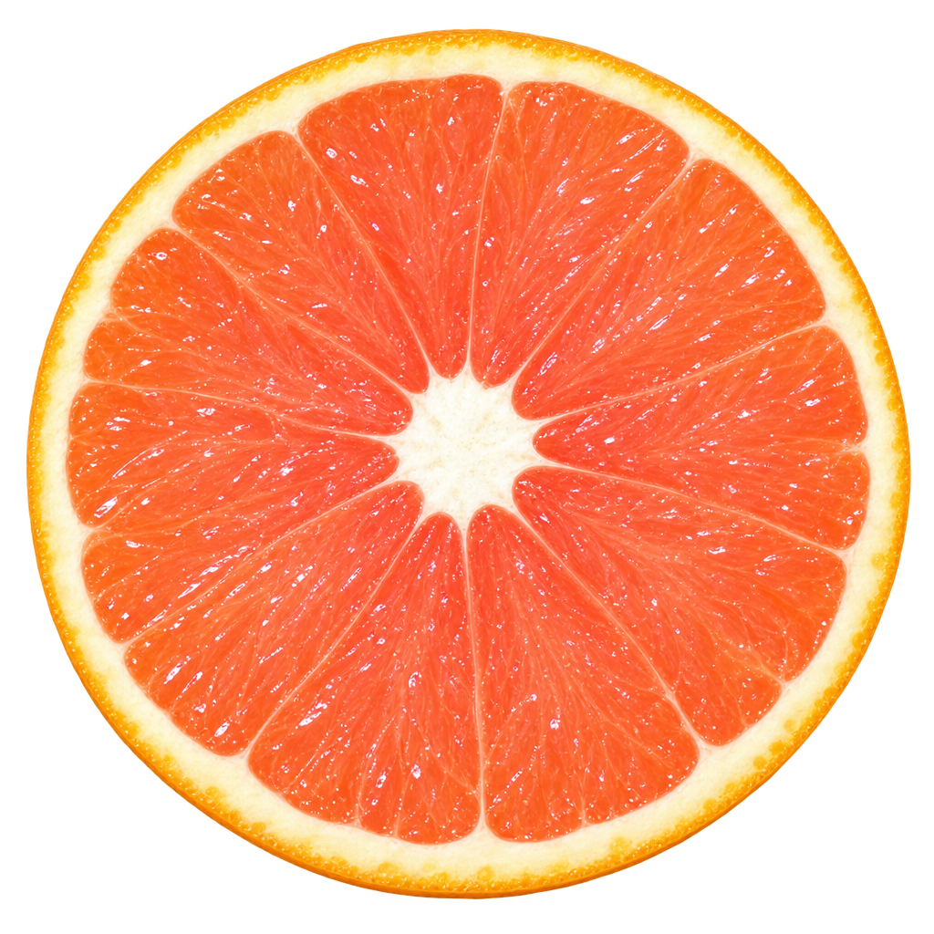 Generated depiction of a Cara Cara Navel Orange cross section viewed head-on, with salmon-pink flesh, ivory pith and no visible seeds