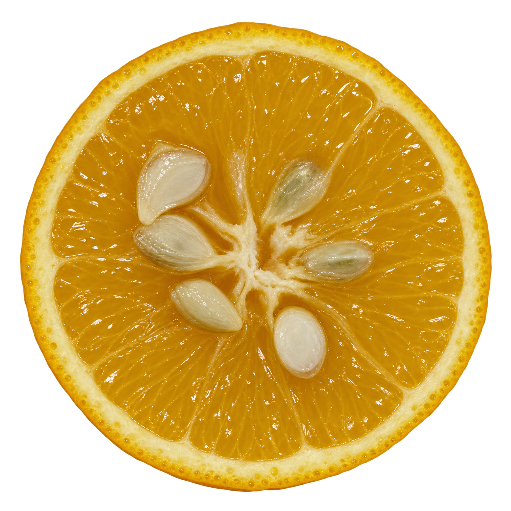 Generated head-on ClemYuz 3-3 cross section with golden-orange flesh, thin cream pith and pale seeds near the core