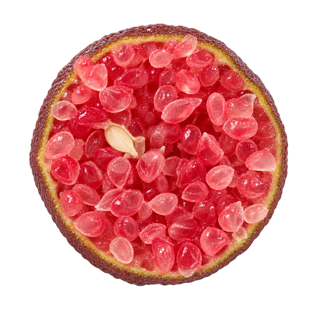 Generated head-on UF SunLime cross section with ruby-pink bead-like juice vesicles, a thin burgundy rind and an ivory seed