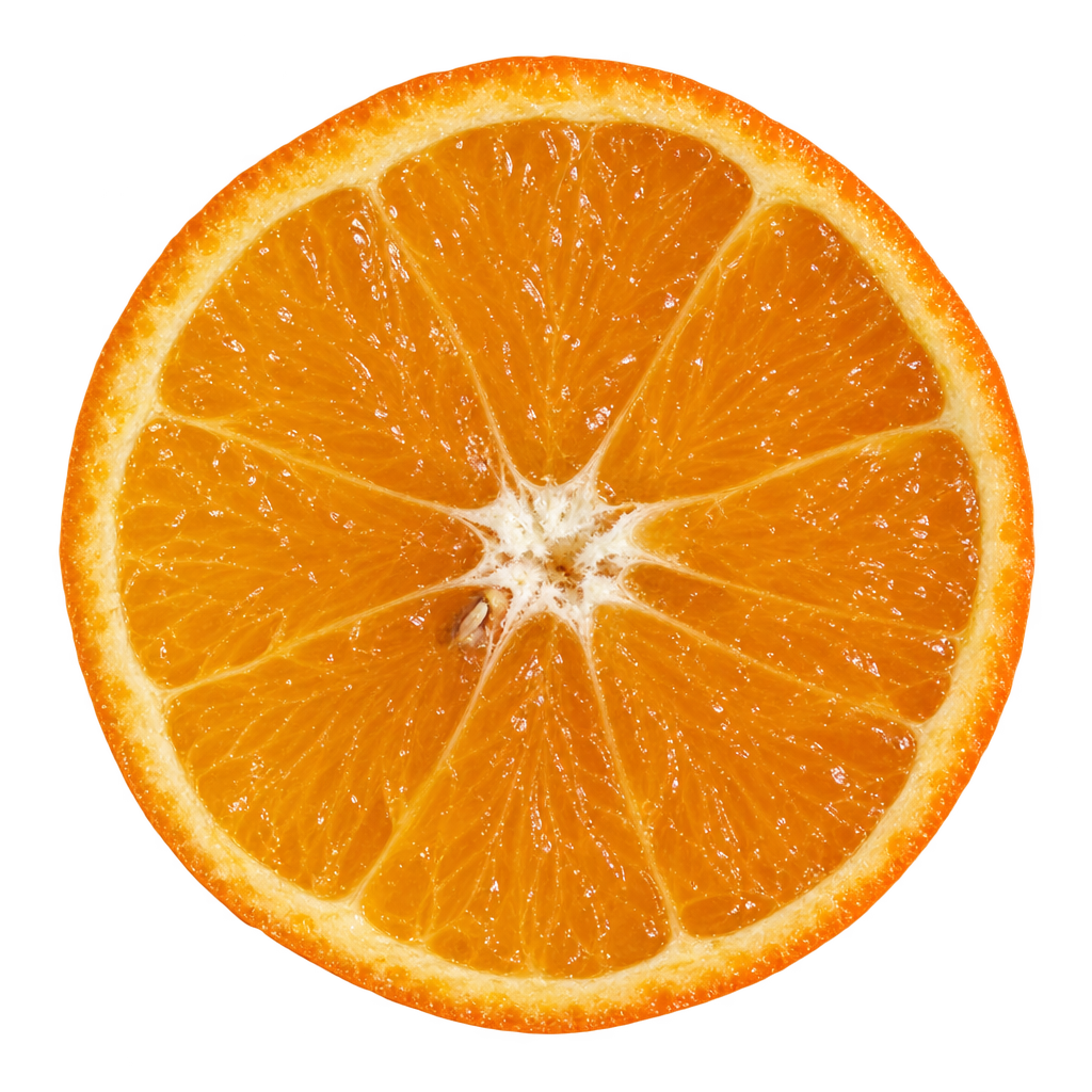 AI-generated equatorial cross-section of Page Mandarin with amber-orange flesh, a thin cream pith ring and a small fibrous center.