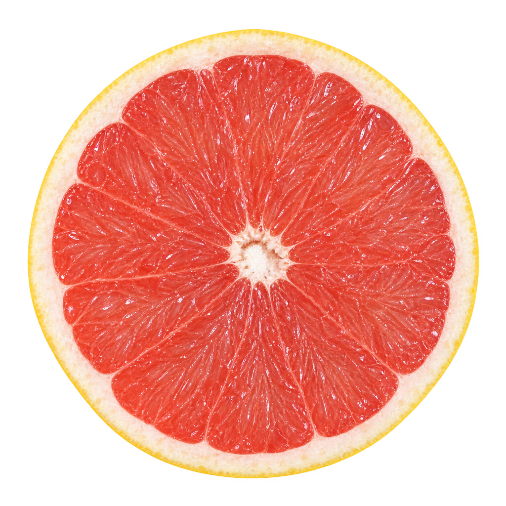 Generated depiction of a Star Ruby Grapefruit equatorial cross section with coral-red flesh and ivory pith