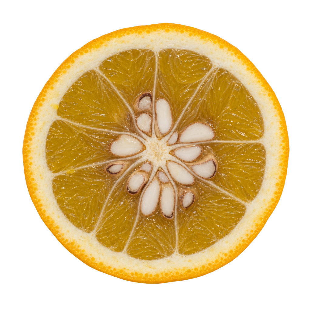 Generated depiction of a US-802 Citrumelo equatorial cross section viewed head-on, with muted amber-gold flesh, thick attached cream pith and several ivory seeds