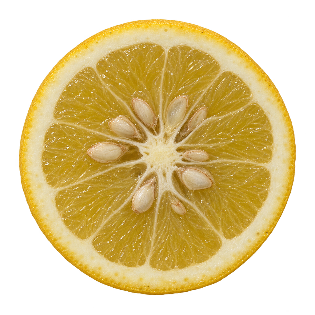 Generated approximation of a C-190 Citrumelo equatorial section with muted straw-yellow flesh, cream pith and large ivory and tan seeds around the core