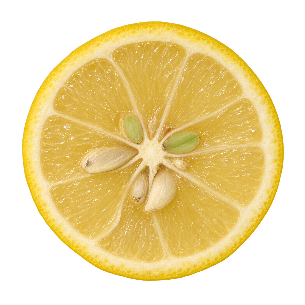 Generated depiction of an Eustis Limequat equatorial cross section viewed head-on, with pale straw-yellow flesh and ivory seeds with some pale green cut interiors
