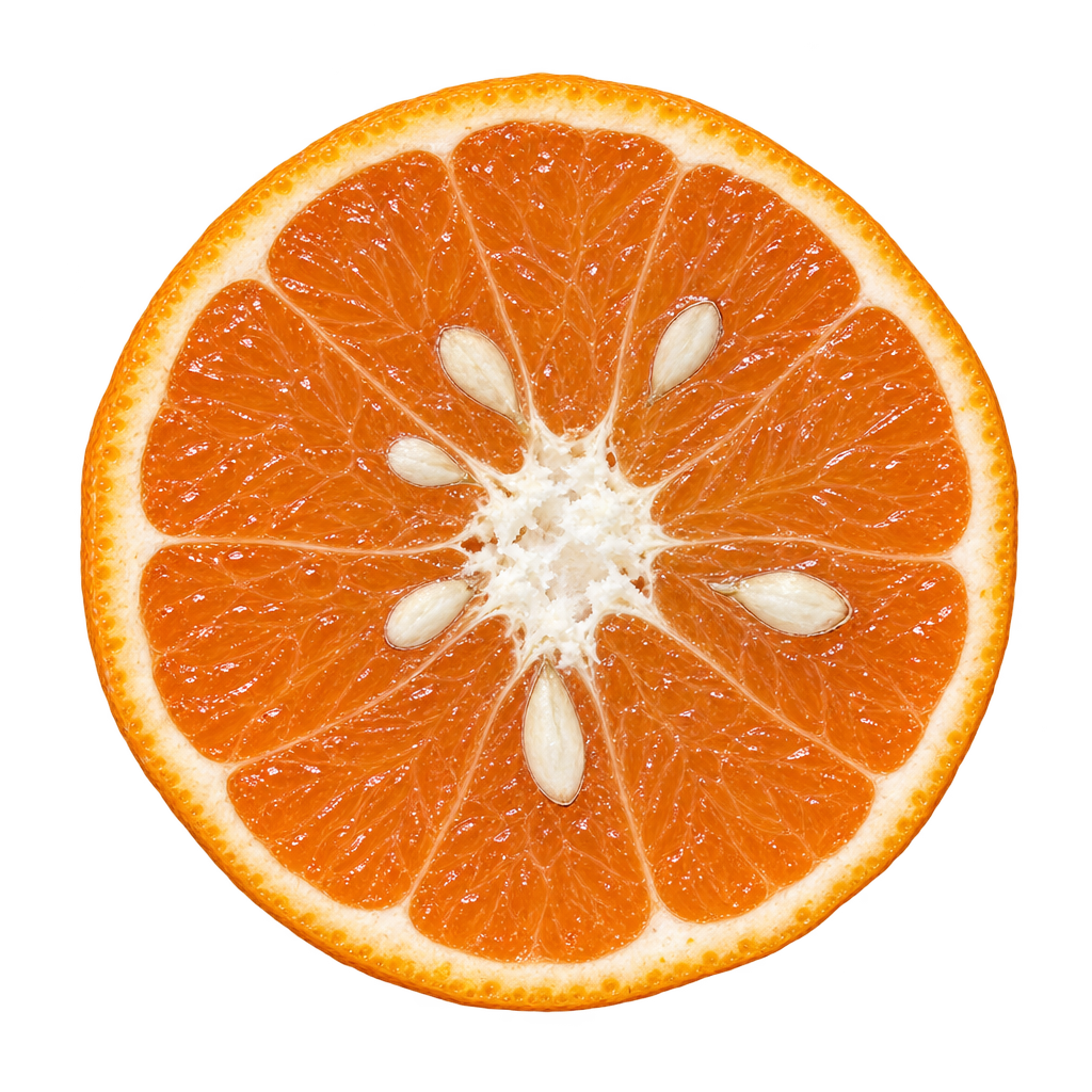Generated head-on Kunenbo Mandarin cross section with warm orange-amber flesh, attached creamy pith and elongated ivory seeds