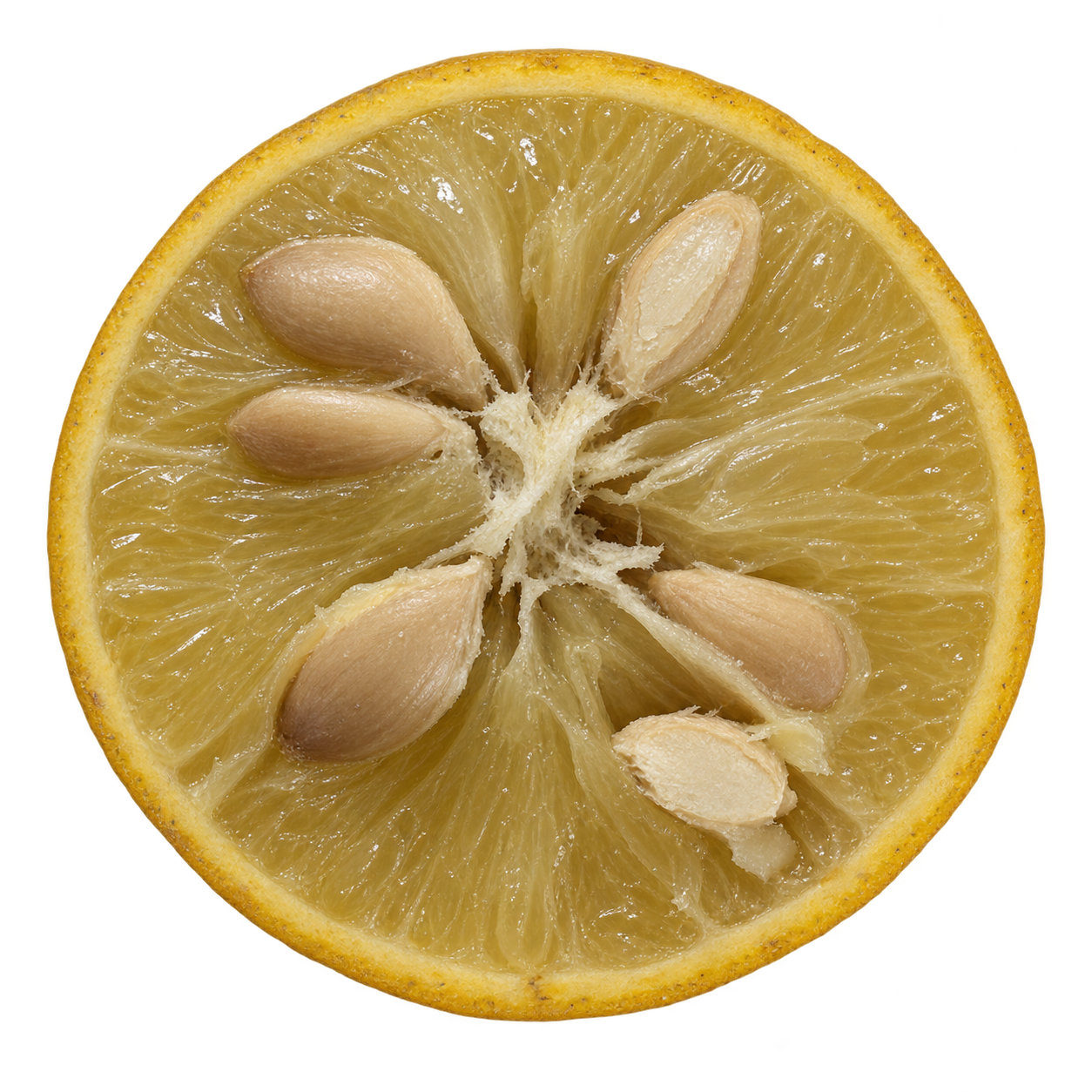 Generated depiction of a Conestoga 010 Citrange cross section viewed head-on, with muted yellow-amber flesh, thin attached rind, and irregularly scattered ivory-to-tan seeds