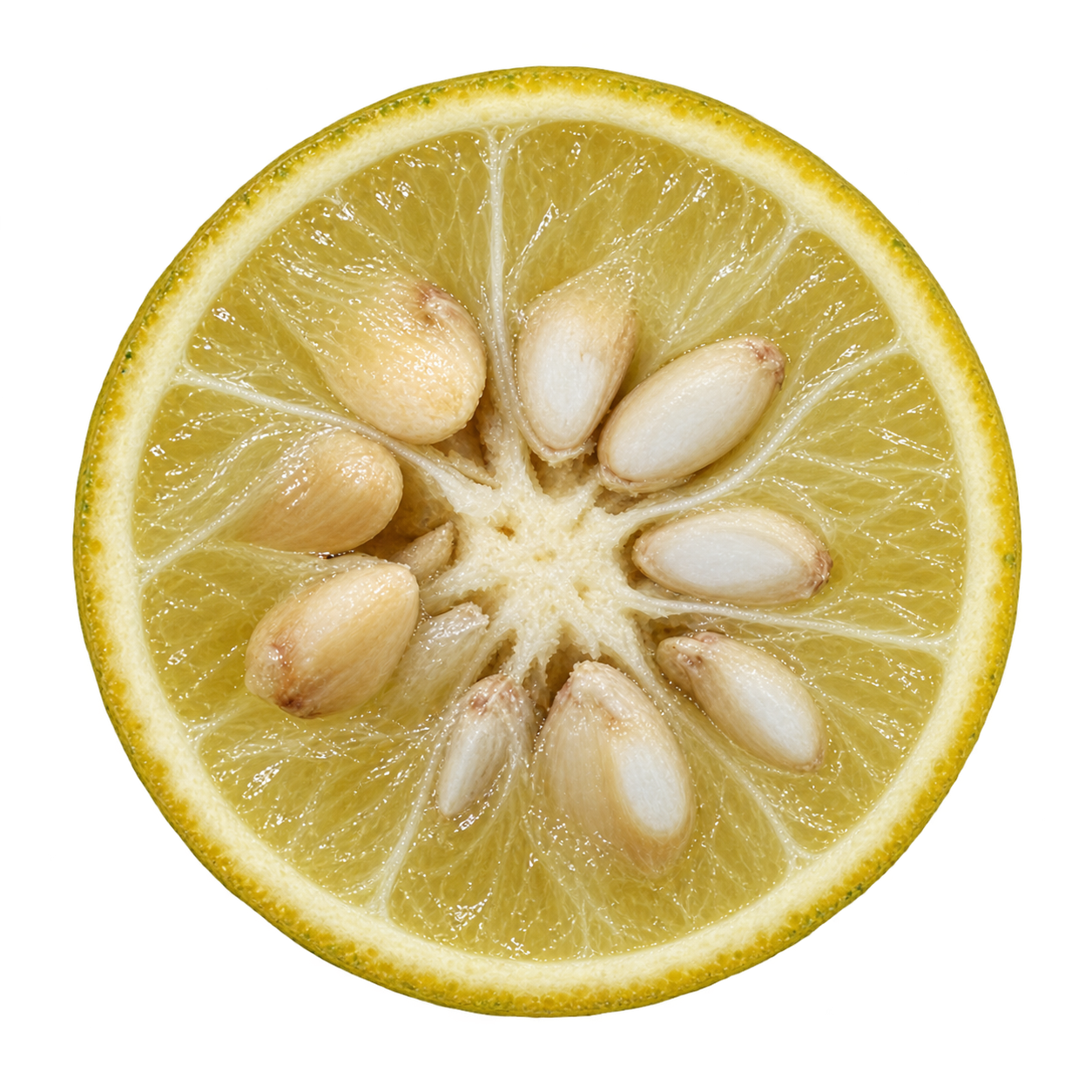 Inferred generated depiction of a Collins Trifoliate cross section, with pale yellow flesh, attached cream pith and numerous large ivory seeds