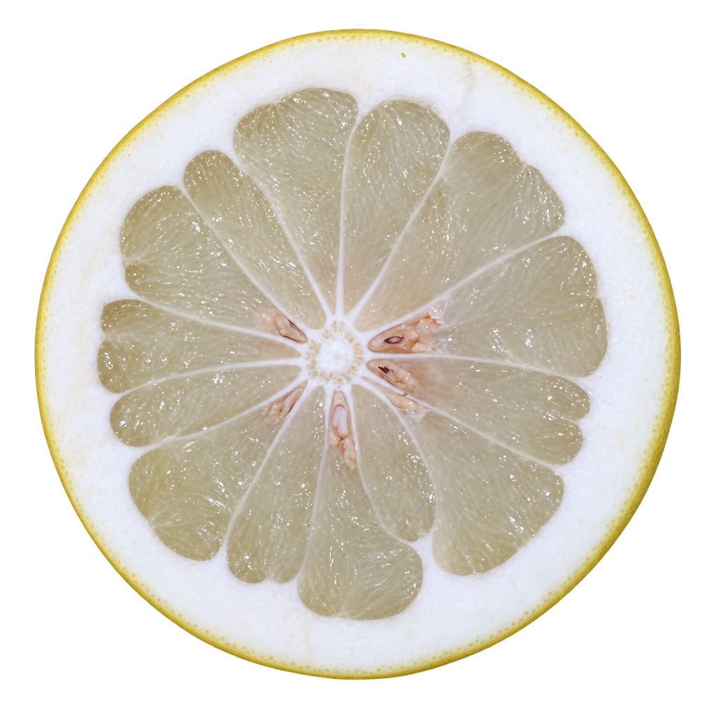 Generated depiction of a Siamese Acidless Pummelo equatorial cross section with pale ivory flesh, thick white pith and seeds near the core