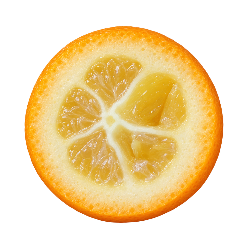 Generated depiction of OP Nagami Kumquat using the shared Nagami cross section with yellow-gold segments and pale rind