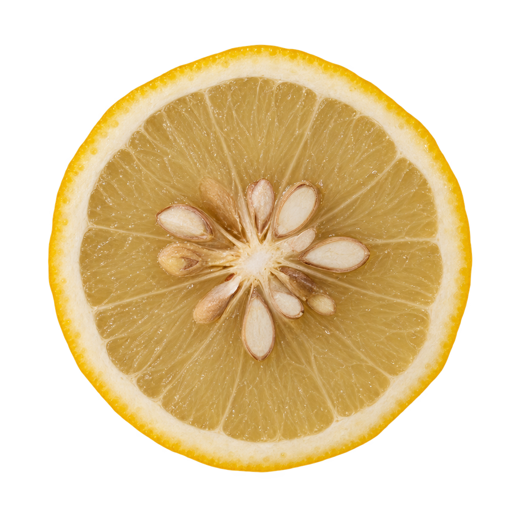 Generated depiction of an Ichang Lemon equatorial cross section viewed head-on, with pale straw-colored flesh, cream pith and ivory seeds near the center