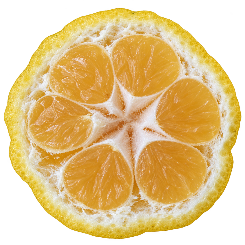 Generated Keraji mandarin cross section with pale amber segments, creamy fibrous pith and slight local rind separation
