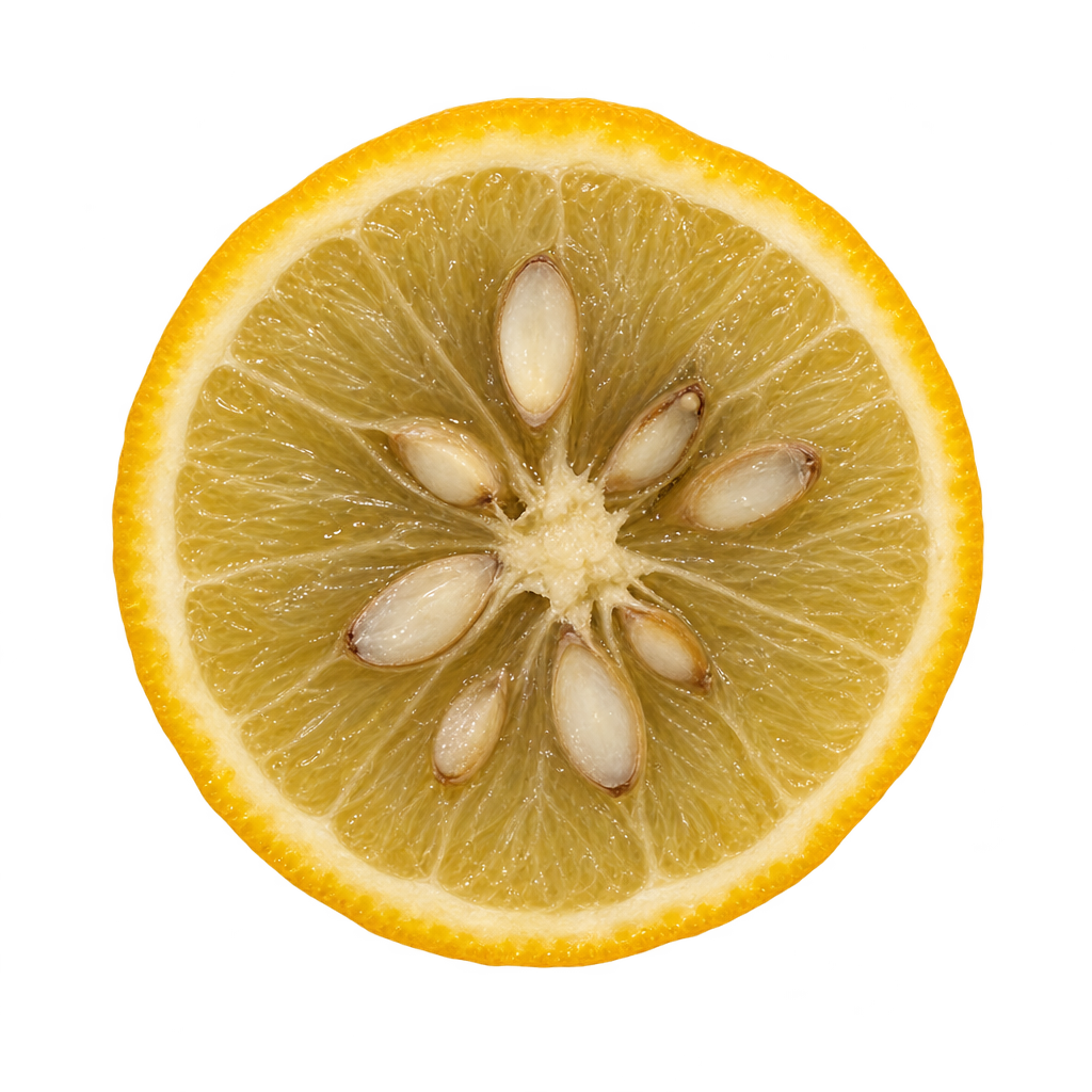 Generated head-on Webber-Fawcett 22 Trifoliate cross section with pale olive-yellow flesh, attached cream pith, ivory seeds and a filled core.