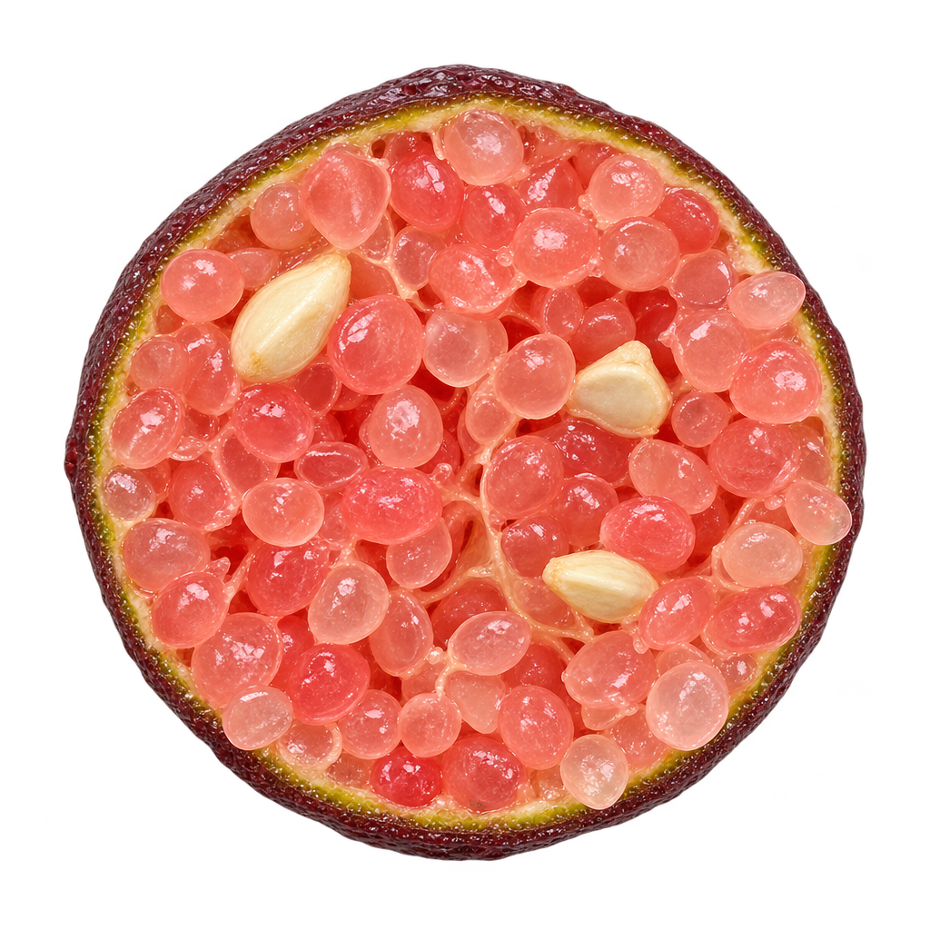 Generated head-on UF RedLime cross section with salmon-pink bead-like juice vesicles, a thin burgundy rind and ivory seeds