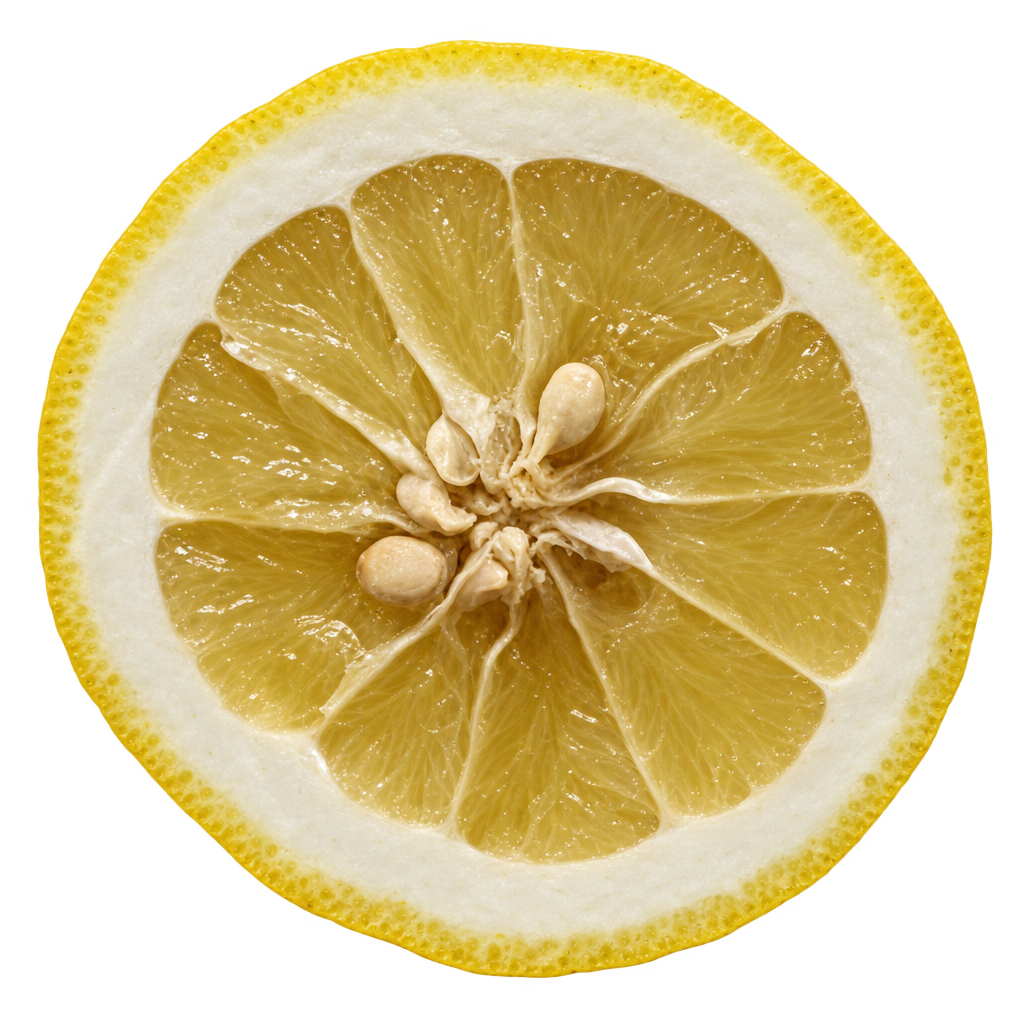 Generated depiction of an Iva Swingle Citrumelo equatorial cross section with muted yellow flesh, thick cream pith and ivory seeds near the center