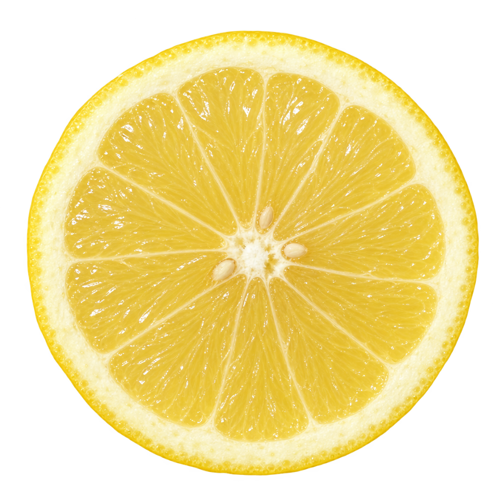 Approximate generated depiction of a Frost Lisbon Lemon cross section viewed head-on, with pale yellow flesh, attached cream pith and a few ivory seeds