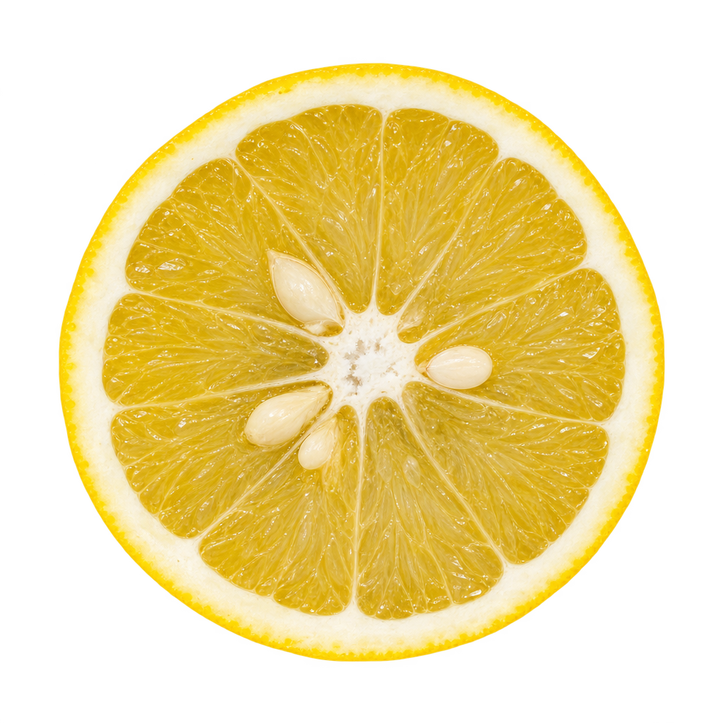 Generated depiction of a Succari Sweet Orange cross section viewed head-on, with pale golden-yellow flesh, cream pith and several ivory seeds