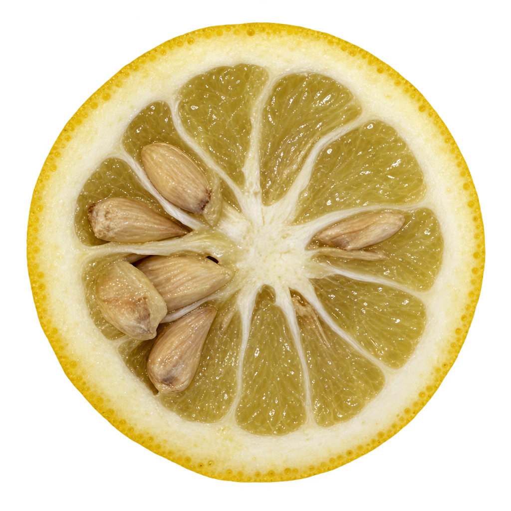 Generated depiction of a TaiTri equatorial cross section with pale yellow-green flesh, ivory pith and large cream seeds