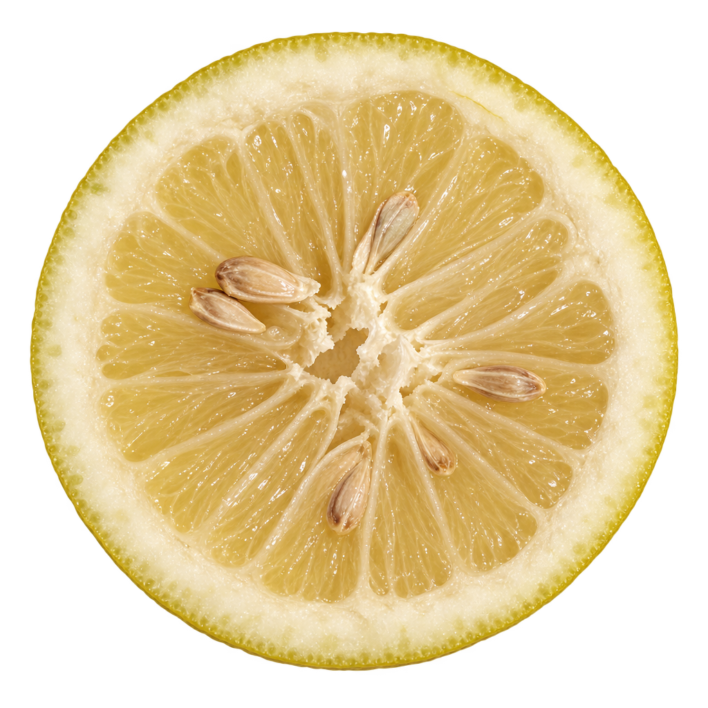 Generated head-on Amanatsu Sour Orange cross section with pale straw-yellow flesh, attached creamy pith and elongated ivory-to-tan seeds
