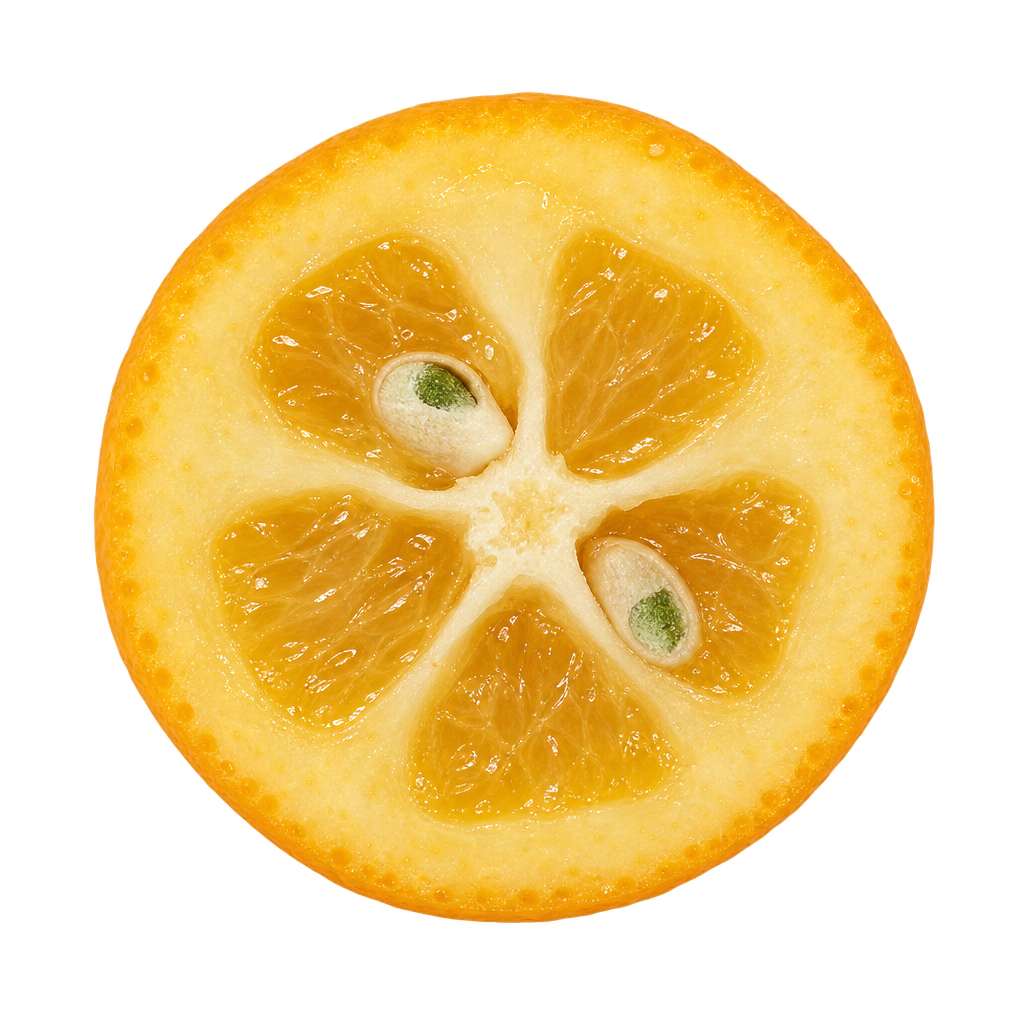 Generated Meiwa kumquat cross section with broad pale yellow-cream rind, five small golden pulp chambers and two ivory seeds