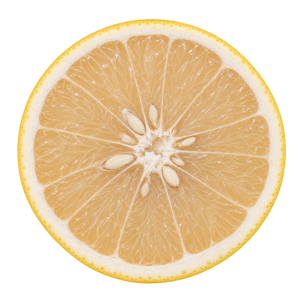 Generated approximation of a head-on Foster Grapefruit equatorial section with pale straw flesh, attached cream pith and several ivory seeds near the core