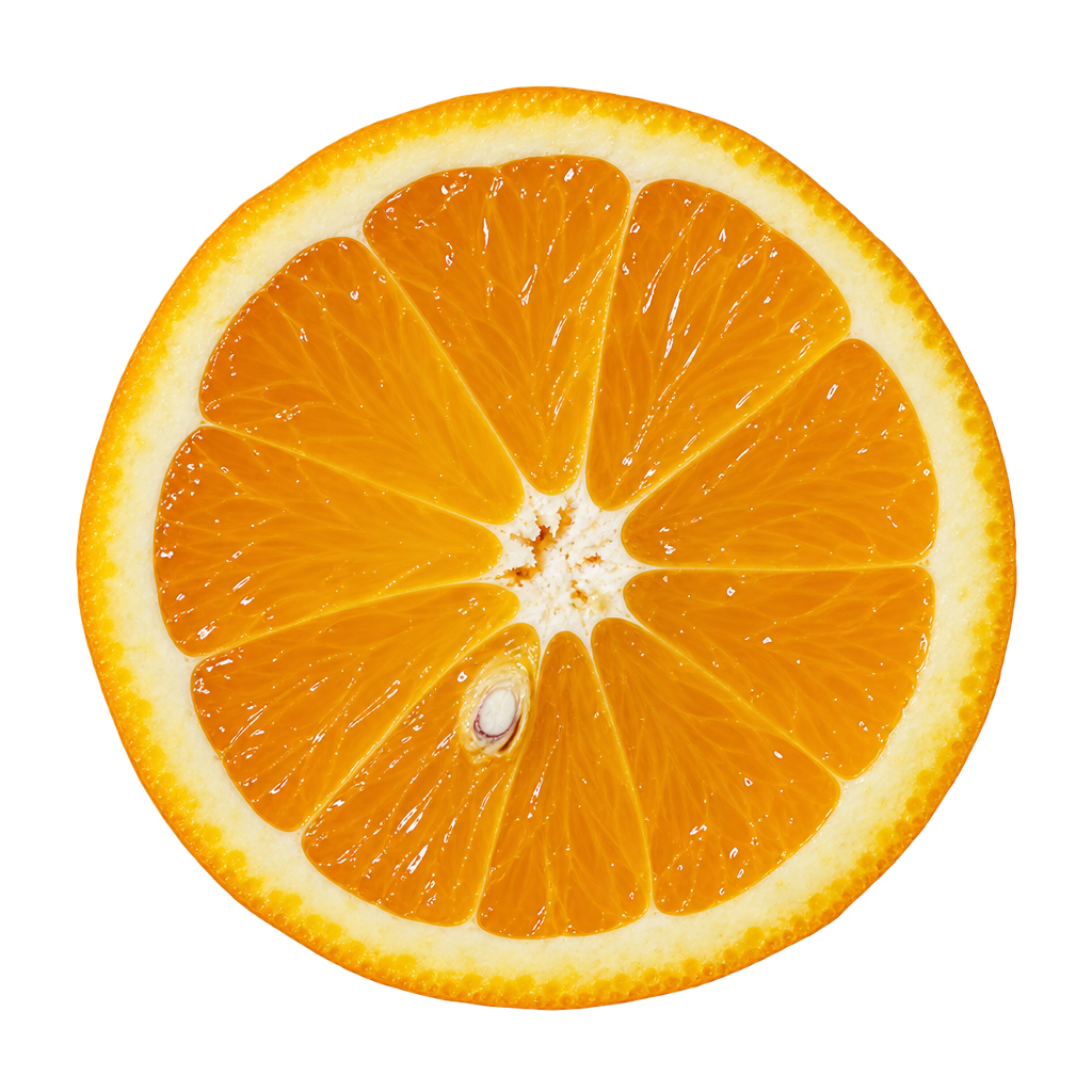 Approximate generated depiction of a head-on Frost Valencia Orange equatorial section with golden-orange flesh and attached cream pith