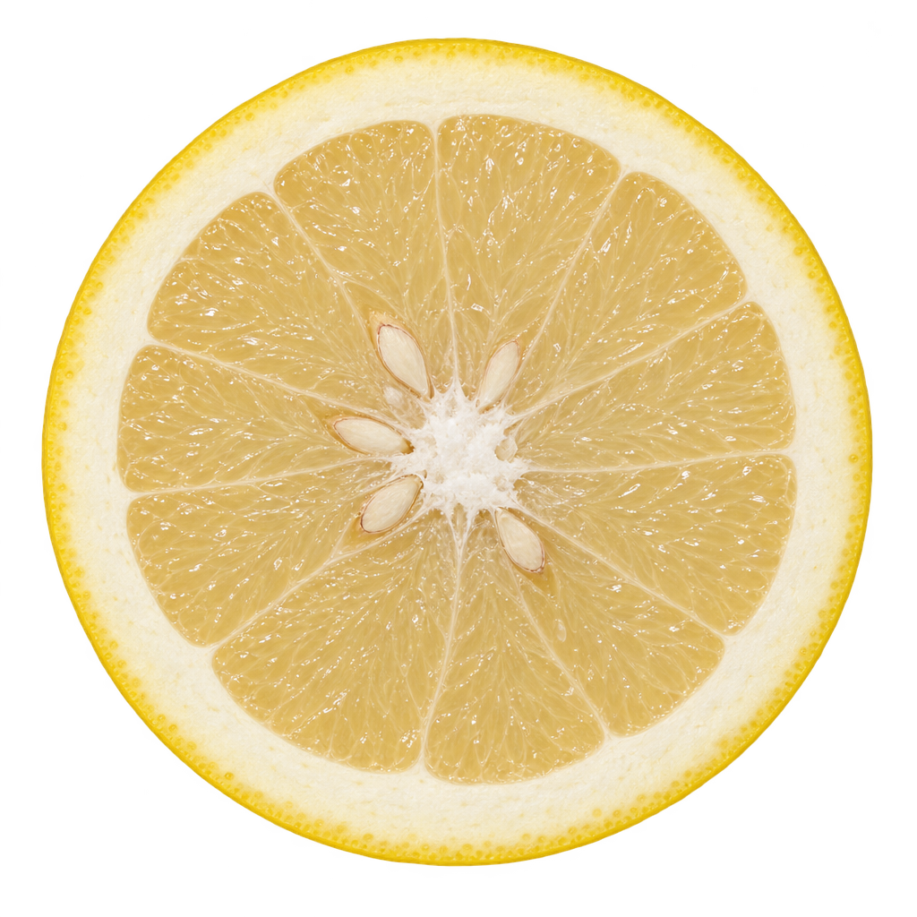 AI-generated head-on Duncan Grapefruit cross-section with pale straw flesh, a substantial attached cream pith ring and ivory seeds