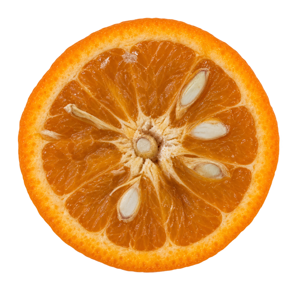 Generated head-on King Tangor cross section with amber-orange flesh, attached cream pith and elongated ivory-to-tan seeds