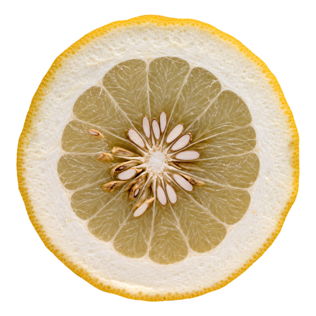 Generated depiction of a Siamese Pummelo equatorial cross section with pale straw flesh, thick white pith and numerous seeds clustered near the core