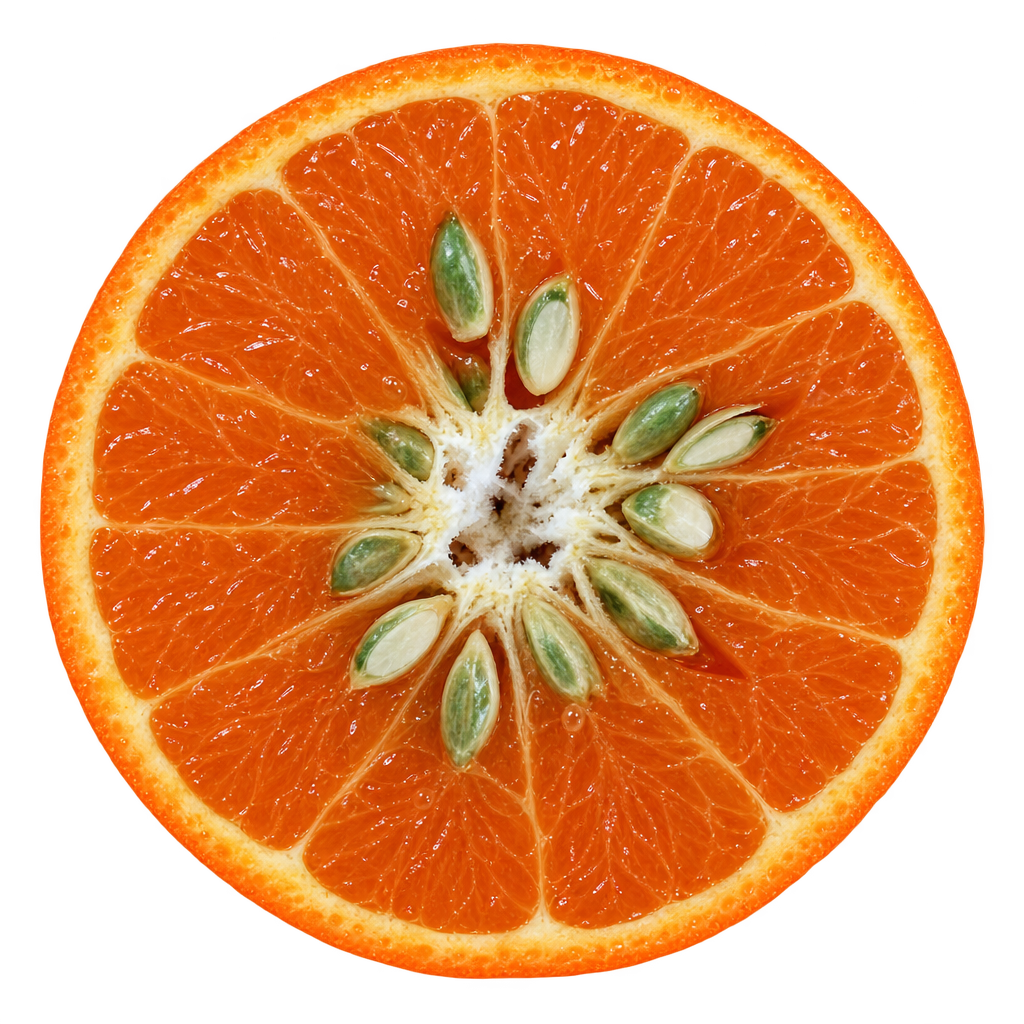 AI-generated head-on Fairchild Mandarin cross-section with orange flesh, thin cream pith and many large seeds clustered around the core