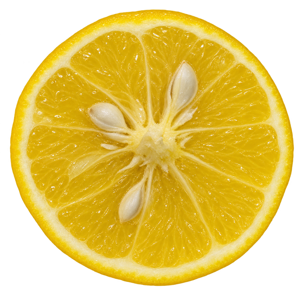 Generated head-on Dimicelli Citrandarin cross section with golden-yellow flesh, thin cream pith, ivory seeds and a fibrous core