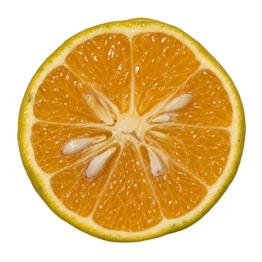 Generated head-on M.I.C. cross section with orange-gold flesh, narrow cream pith and pale seeds near the core