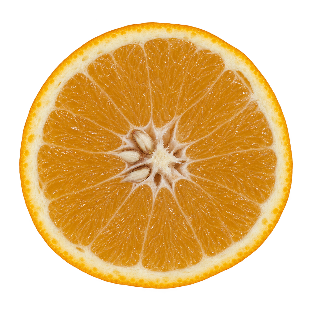 Generated Thornton tangelo equatorial cross section with golden amber flesh, a thin cream pith ring and pale central seeds