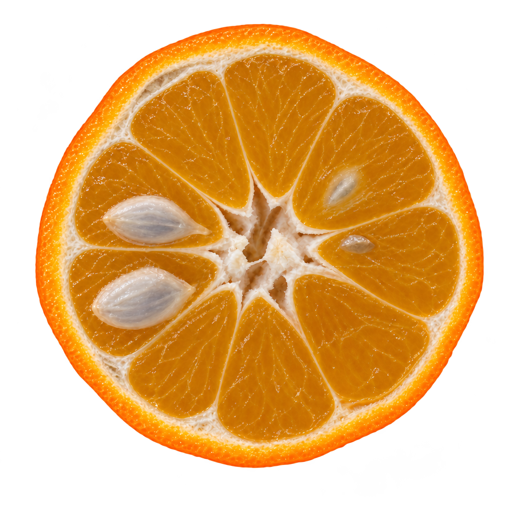Generated depiction of a Shekwasha Mandarin equatorial cross section with golden-orange flesh, slender pith, localized peel separation and ivory seeds