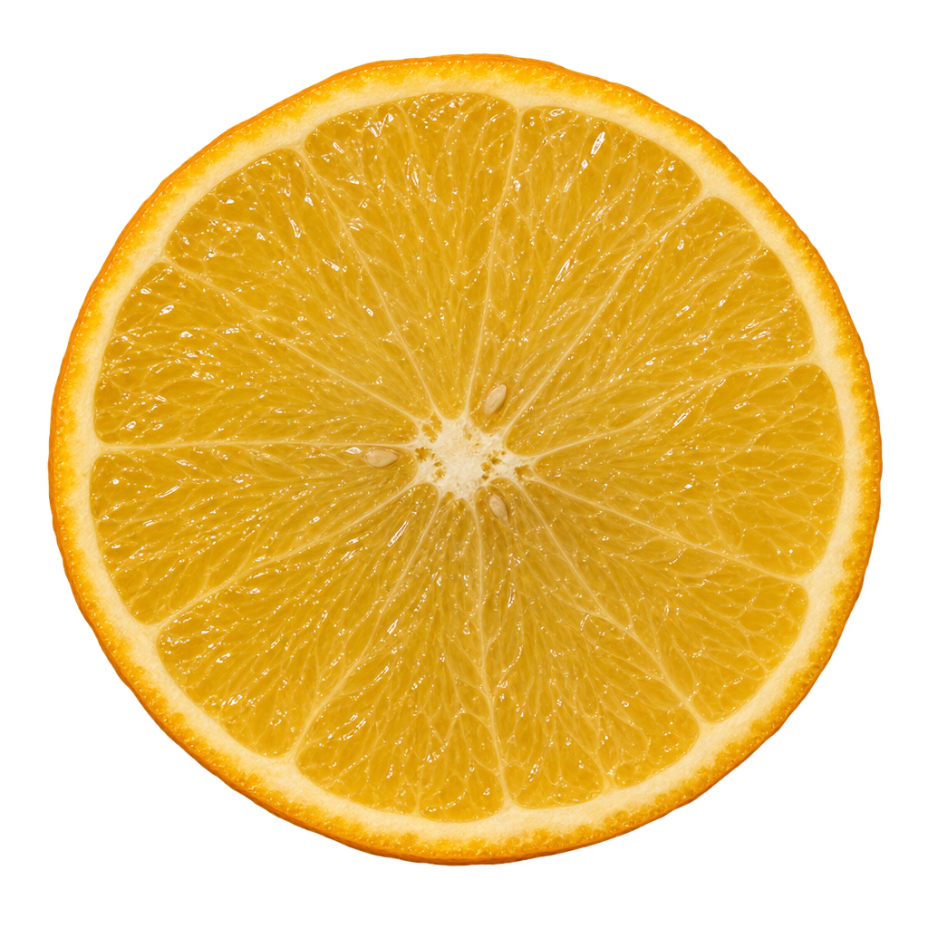 Generated depiction of a C-32 Citrange cross section viewed head-on, with muted yellow-amber flesh, a narrow cream pith ring and small ivory seeds near the core