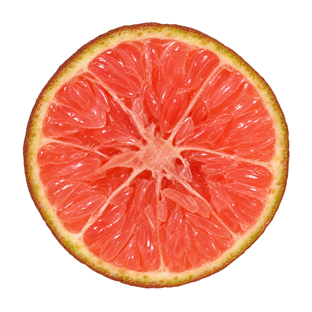 Inferred generated equatorial Pinky Lime cross section with pink elongated juice vesicles and thin attached rind, based on longitudinal-cut reference photos